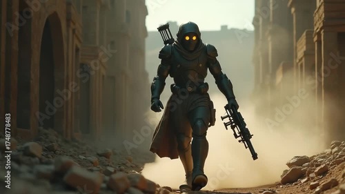 Hooded warrior robot holding futuristic weapon in city ruins