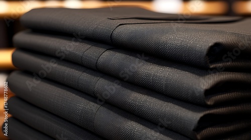 Stacked Dark Suit Jackets with Retail, Fashion, Texture, and Closeup.