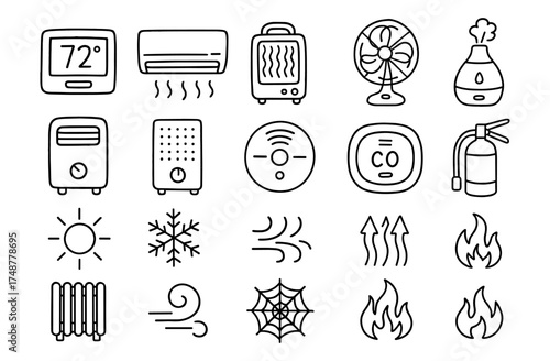 Home climate control icons: thermostat, heater, fan, humidifier, and safety signs in linear style