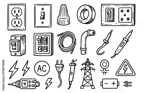 Hand drawn electrical elements and tools for diy projects
