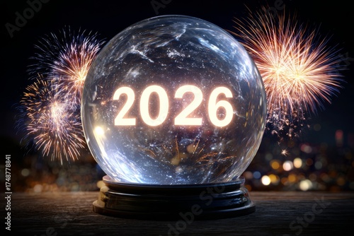 Globe hologram projecting glowing 2026 as fireworks explode behind