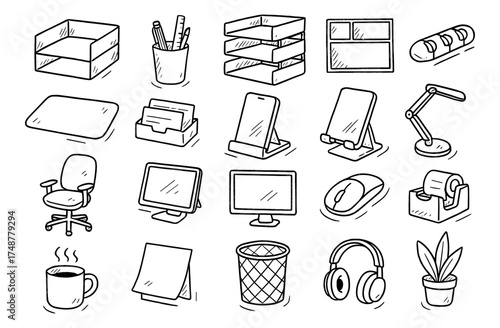 Hand-drawn office supplies collection featuring essential desk items and accessories