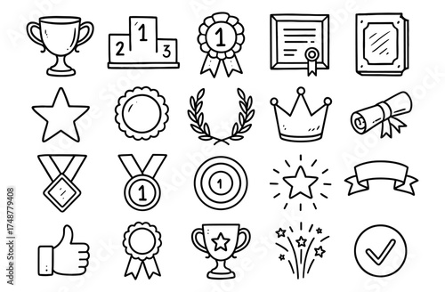 Hand drawn doodle icons of awards and achievements for recognition and success