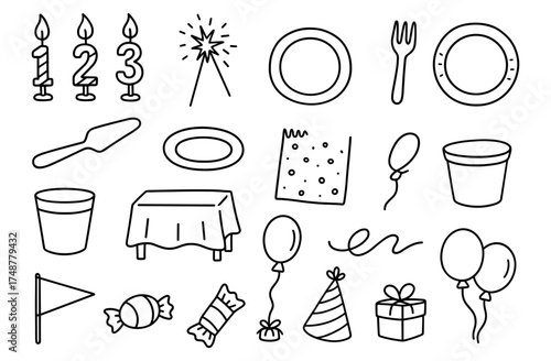 Minimalist party elements: outlined icons for celebrations and events
