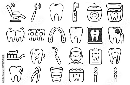 Dental care outline set with tooth icons and oral hygiene tools