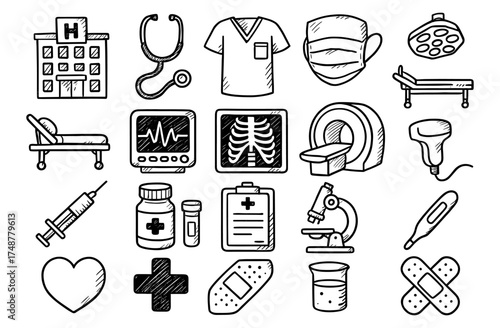 Medical doodle icons set featuring hospital, equipment, and healthcare essentials