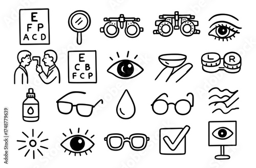 Eye care icons: vision test, glasses, and contact lens essentials in linear style