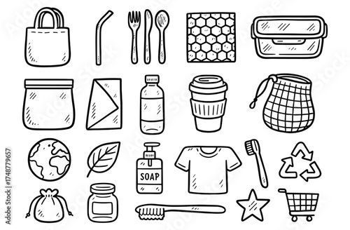 Hand drawn eco items: sustainable lifestyle products and zero waste symbols