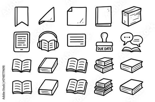 Hand-drawn library elements with books, e-reader, and stationery in doodle style