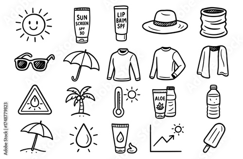 Summer essentials doodle collection: sun protection, beachwear, and accessories in hand drawn style