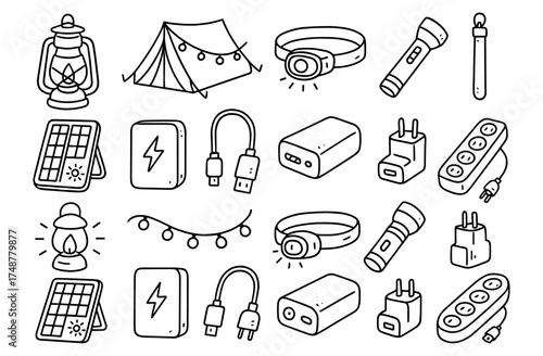 Camping and gadget essentials in hand-drawn style