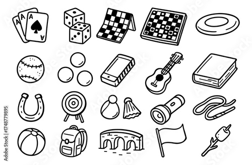Hand drawn doodle style recreational activities and hobbies collection