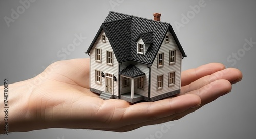 Holding A Scaled Down Miniature House in Hand Under a Neutral Studio Setting Exhibiting Detailed Architectural Work