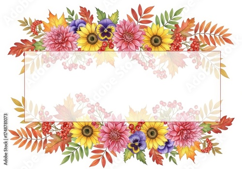 watercolor autumn floral frame. illustration of sunflowers, fall leaves, berries in warm seasonal colors. Isolated on white background with copy space for Thanksgiving and holiday greetings.