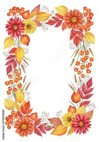 watercolor autumn floral frame. illustration of sunflowers, fall leaves, berries in warm seasonal colors. Isolated on white background with copy space for Thanksgiving and holiday greetings.