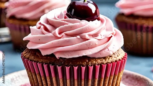 Appealing cupcake features swirls of pink frosting topped with colorful bluberry sprinkles.