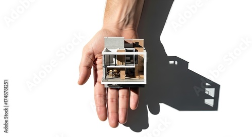Contemporary Miniature House on Hand Architecture and Ownership Dream Home Modern Lifestyle Real Estate Investment Future Home Model White Background Shadow Minimalist Design