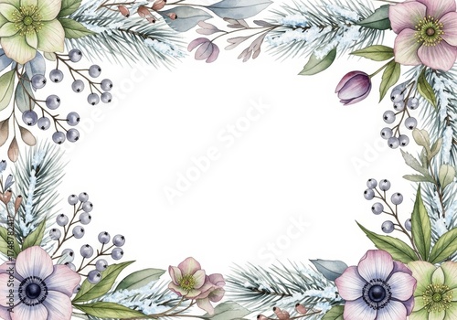 watercolor winter floral frame. botanical illustration of snowy fir branches, berries, anemone, hellebore flowers. Isolated on white background, elegant artwork for Christmas and holiday greeting card