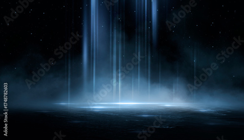 Wet asphalt, reflection of neon lights, a searchlight, smoke. Abstract light in a dark empty street with smoke, smog. Dark background scene of empty street, night view, night city.