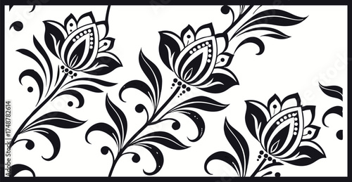 Vintage Floral Harmony: Seamless Trailing Vine Pattern with Delicate Leaves and Flowers in Beige on a Black Canvas