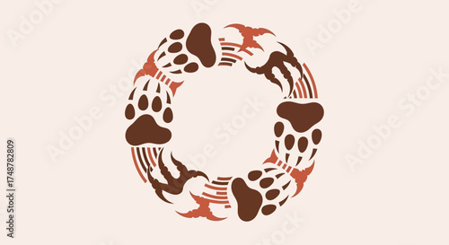 A circular arrangement of brown bear paw prints and stylized red maple leaves against a light beige background.