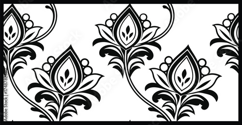 Vintage Floral Harmony: Seamless Trailing Vine Pattern with Delicate Leaves and Flowers in Beige on a Black Canvas