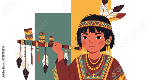 A portrait of a Native American person in traditional clothing holding a ceremonial pipe.