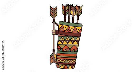 An illustrated quiver filled with arrows, decorated with colorful ethnic and tribal geometric patterns.