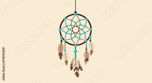 A decorative dreamcatcher with turquoise beads and brown feathers hanging against a plain background.