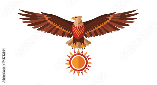 Eagle with spread wings above a sun symbol, vector illustration.
