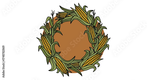 A circular wreath made of fresh corn on the cob with green husks and silk, set against a brown background.