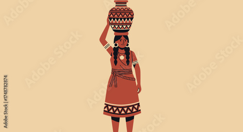 Stylized illustration of a woman with braided hair carrying a decorated clay pot on her head against a plain background.