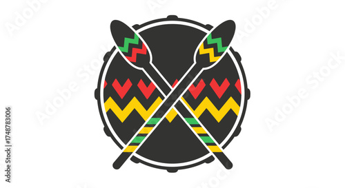 Stylized black drum with red and yellow zigzag patterns, crossed by two decorative drumsticks with green and yellow zigzags, on a white background.