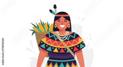 Smiling Indigenous woman in colorful traditional clothing carrying a woven basket full of harvested corn.