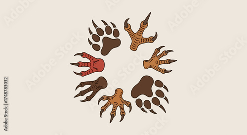 A circular collection of illustrated animal paws, bird talons, and reptile claws on a light background.