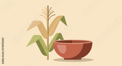 Illustration of a corn plant with leaves and a red bowl, representing food and agriculture.