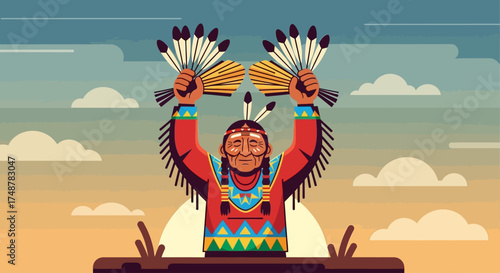 A Native American elder in traditional attire performs a ceremony with feather fans at sunset.