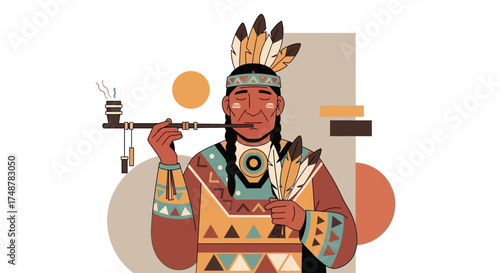 Illustration of a Native American man wearing traditional clothing and smoking a pipe.