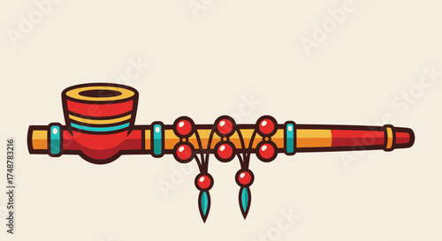 A detailed illustration of a decorative, ornate, and colorful smoking pipe with beads.