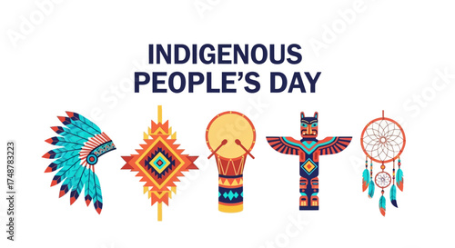 Indigenous People's Day banner featuring cultural symbols like a headdress, totem pole, and dreamcatcher.