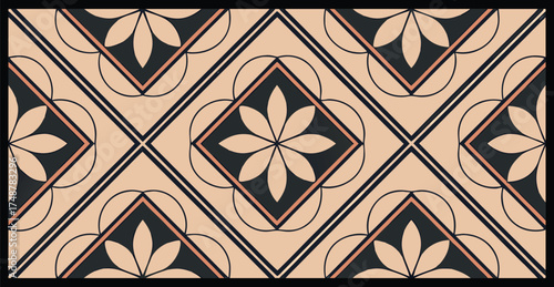 Vintage Floral Harmony: Seamless Trailing Vine Pattern with Delicate Leaves and Flowers in Beige on a Black Canvas