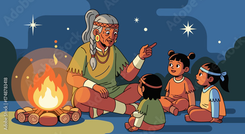 An elderly woman tells stories to children around a campfire at night under the stars.