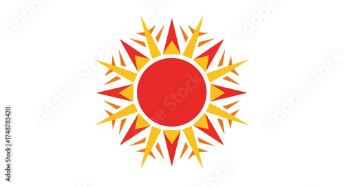 Stylized sun design with red center and yellow and red rays on a white background.