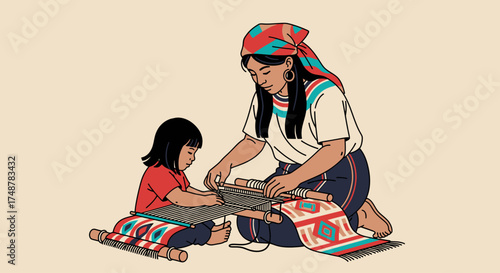 An indigenous woman teaches a young child traditional weaving techniques on a loom, sharing cultural heritage and craft skills.