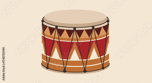 A traditional drum with a red and brown patterned body and a light-colored top, set against a plain background.