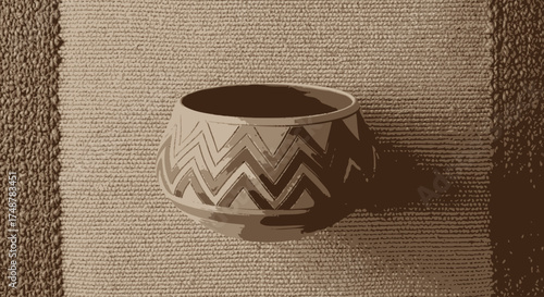 A sepia-toned image showcasing a decorative ceramic bowl with a zigzag pattern, resting on a textured surface.