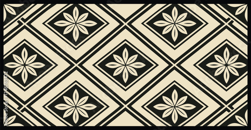 Vintage Floral Harmony: Seamless Trailing Vine Pattern with Delicate Leaves and Flowers in Beige on a Black Canvas