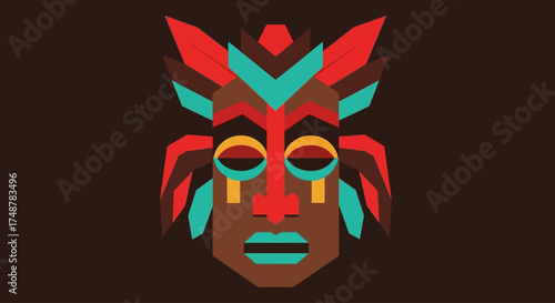 Stylized geometric tribal mask with vibrant red, teal, and yellow accents on a dark background.