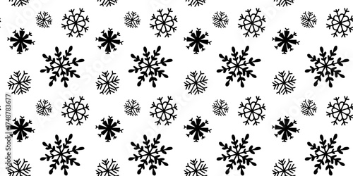 Seamless pattern with snowflakes in doodle style. Hand drawn line art vector background. 