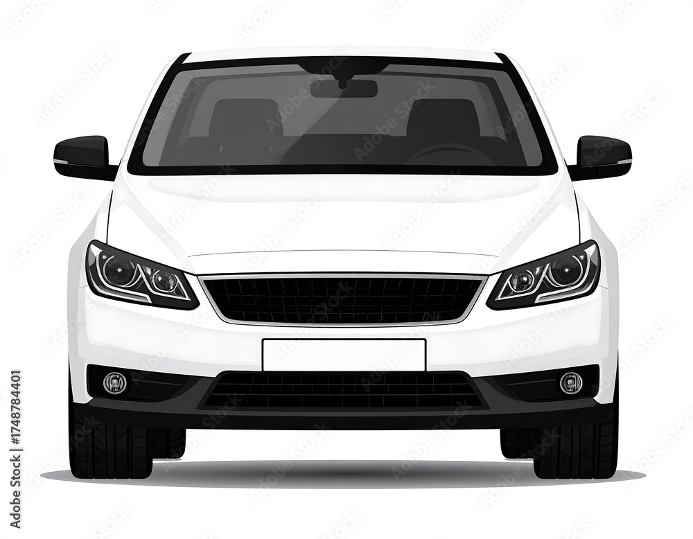 Fototapeta premium A front-view illustration of a modern, white sedan, showcasing sleek design elements and a clean, minimalist aesthetic.